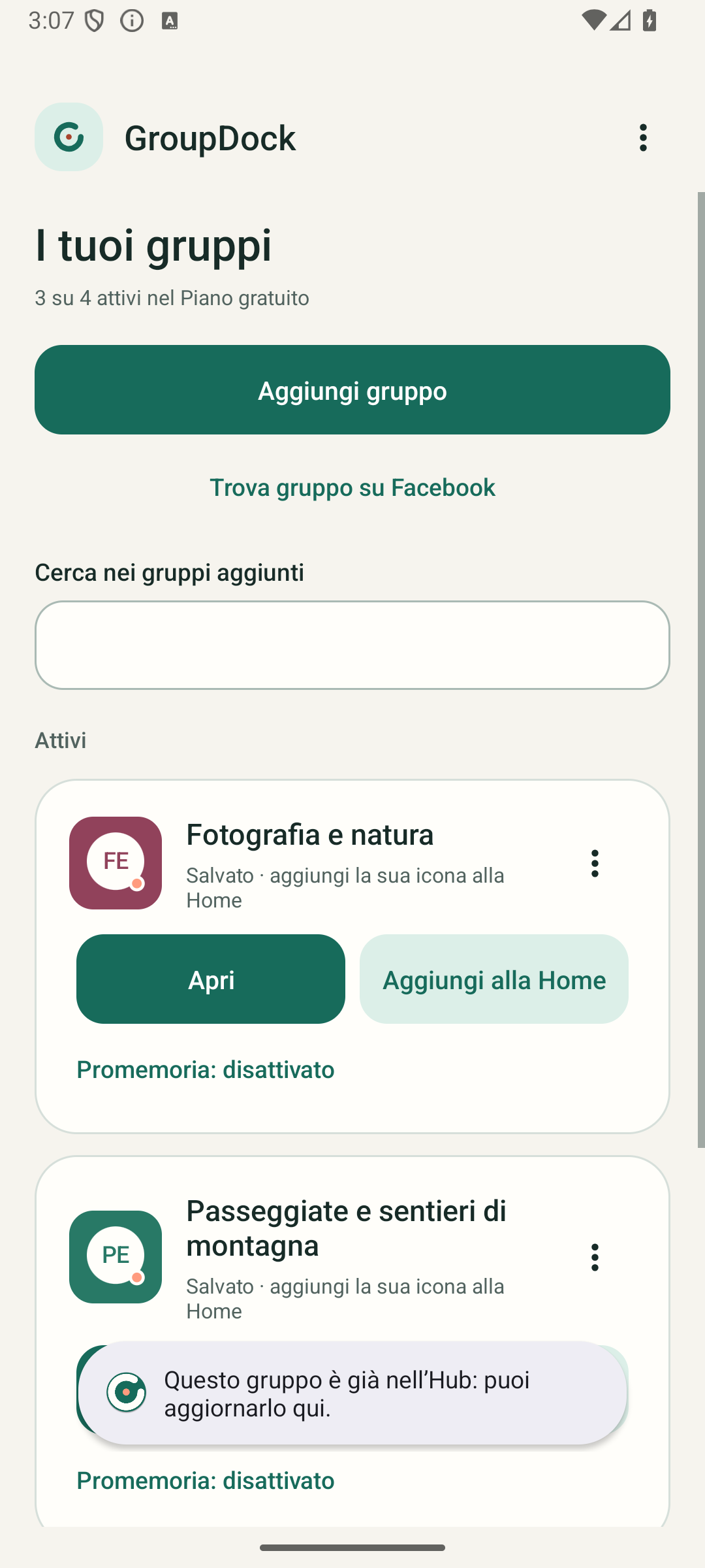 Hub GroupDock con gruppi salvati, ricerca e azioni rapide